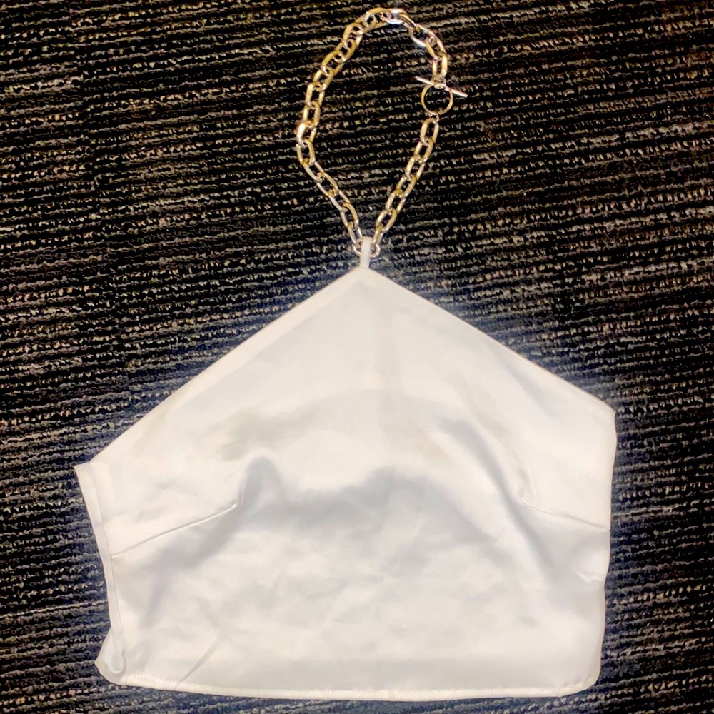 Nasty Gal white satin halter top with chain